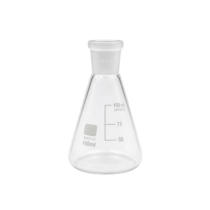 sirifli-100ml.jpg Cam Erlen 19/26 Şilifli 100ml – Isıya Dayanıklı Laboratuvar Erleni - Görsel 1